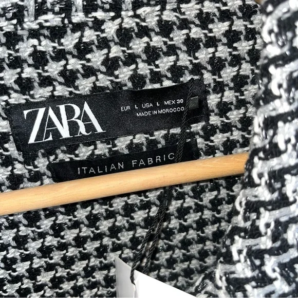 Zara Black White Tweed Shacket Overshirt Jacket Frayed Textured Women Large NWT - Picture 6 of 6